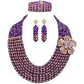 Africanbeads 8 Rows Purple Champagne Crystal Bride Wedding BeadsJewelry Set for Women