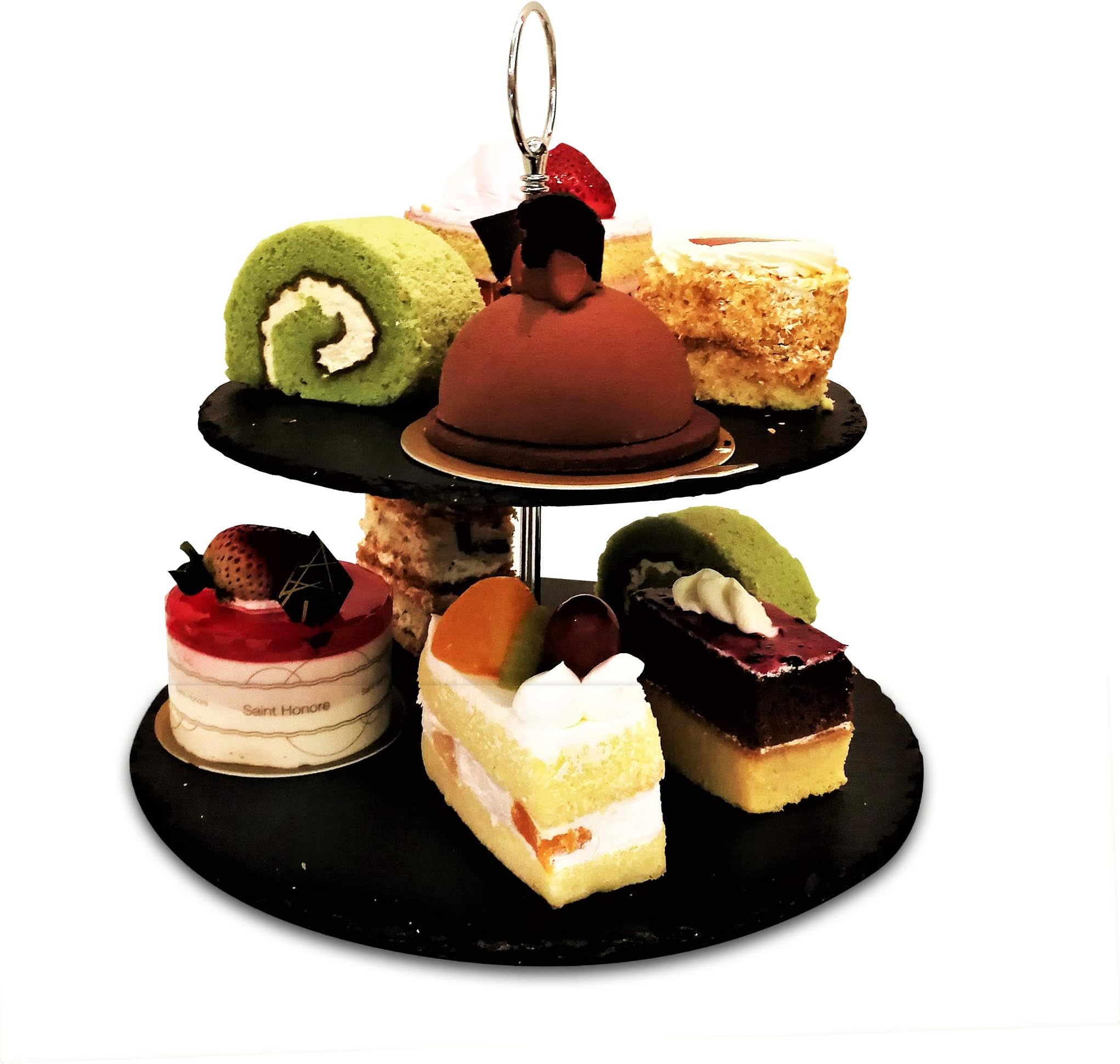 Slate Cake Stand - 2 Tier - Cupcake Dessert Stand - Elegant Tea Party Slate Serving Platter for Weddings, Parties. Cheese Tower also holds Cookies, Tapas, Appetizers