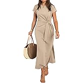 ANRABESS Womens Summer Maxi Dress Casual Crew Neck Tie Waist Split Wrinkle-Free Fit Long Fashion Vacation Dresses 2026 Spring