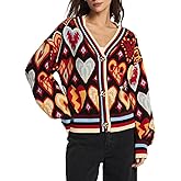 Women's Cute Sweater Cardigan Heart Print Cropped Button Open Front Cardigans V Neck Knitted Y2K Outerwear