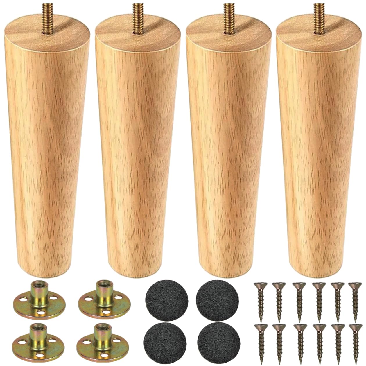 LCOUACEO Furniture Feet, Wooden Table Legs, Pack of 4, Conical Furniture Legs, Replacement 20 cm, Sofa Feet, Wooden Legs for Furniture, Cabinet Legs, Cabinet Feet with Mounting Plate, Rubber Pads for