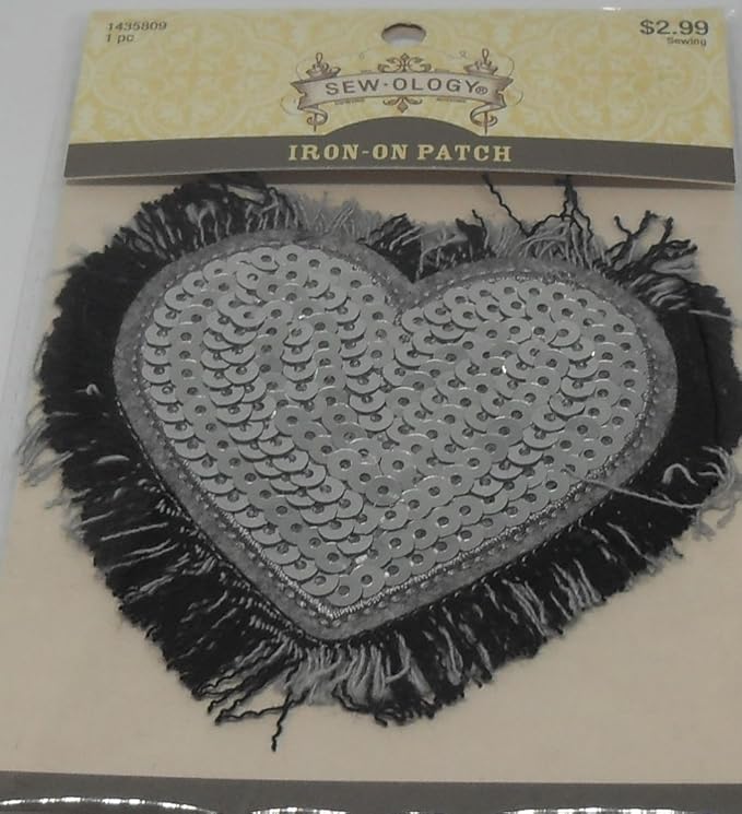 SewOlogy Iron On Patch Sequin Heart with Fringe Silver