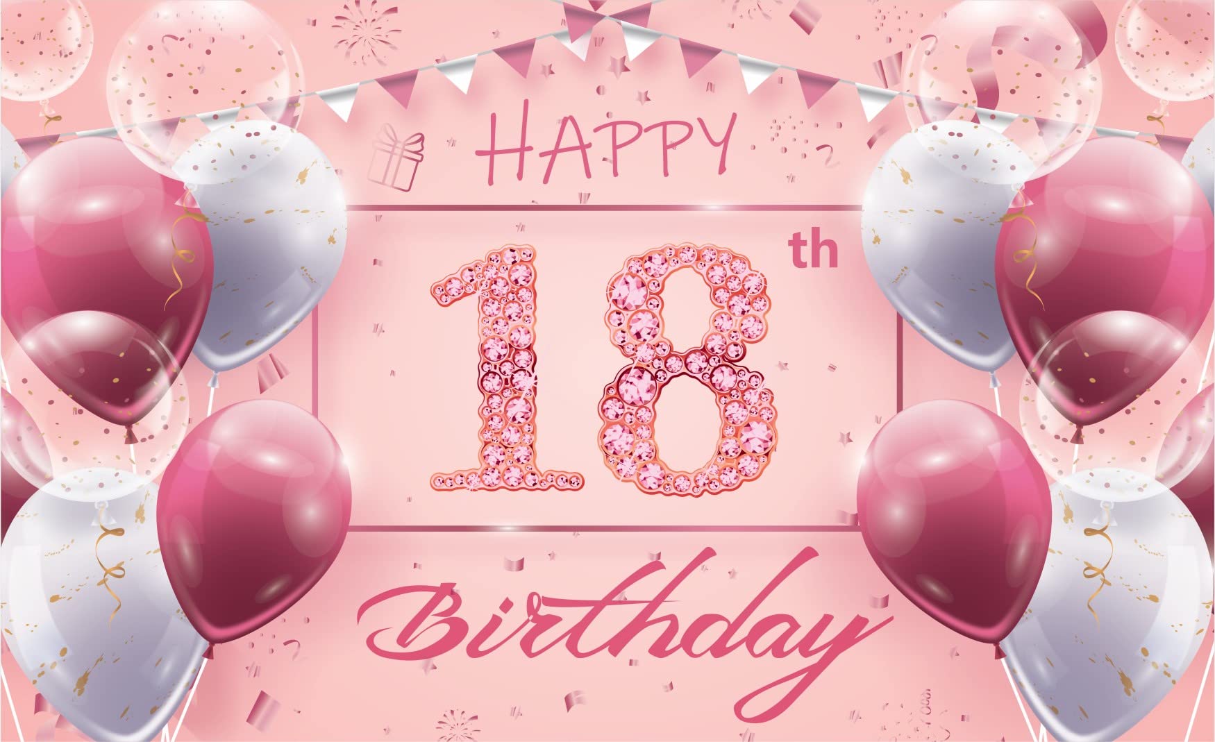 Pink 18 Birthday Party Backdrop Banner Decoration Extra Large Fabric Glitter Diamonds Happy 18th Banner Photo Booth Backdrop Background for Princess Girl Party Supplies and Decorations 185 * 110CM