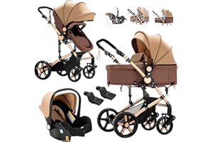 Doraystar 3 in 1 Baby Stroller Travel System Combo Set, Reversible Newborn Stroller Pram with One-Click Folding, Convertible Infant Toddler Carriage with Aluminum Frame (MG588-Khaki Without Base)