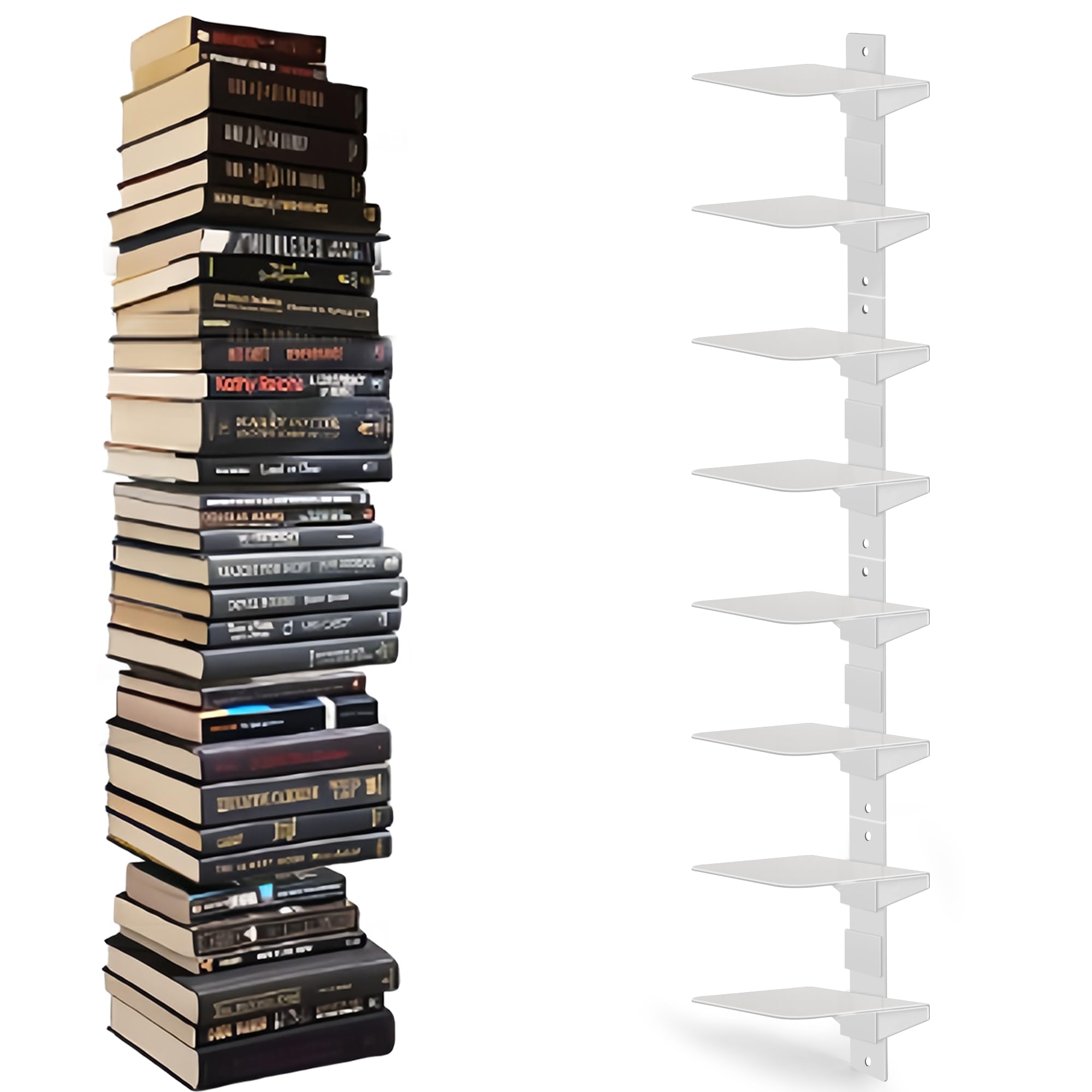 Photo 1 of Defined Deco White Floating Bookshelves-Invisible Floating Bookshelf for Wall -8 Tier Wall Bookshelves,Vertical Spine Book Tower,Heavy-Duty Metal Book Organizers for Home,Office,Living Room,Pack of 4.
