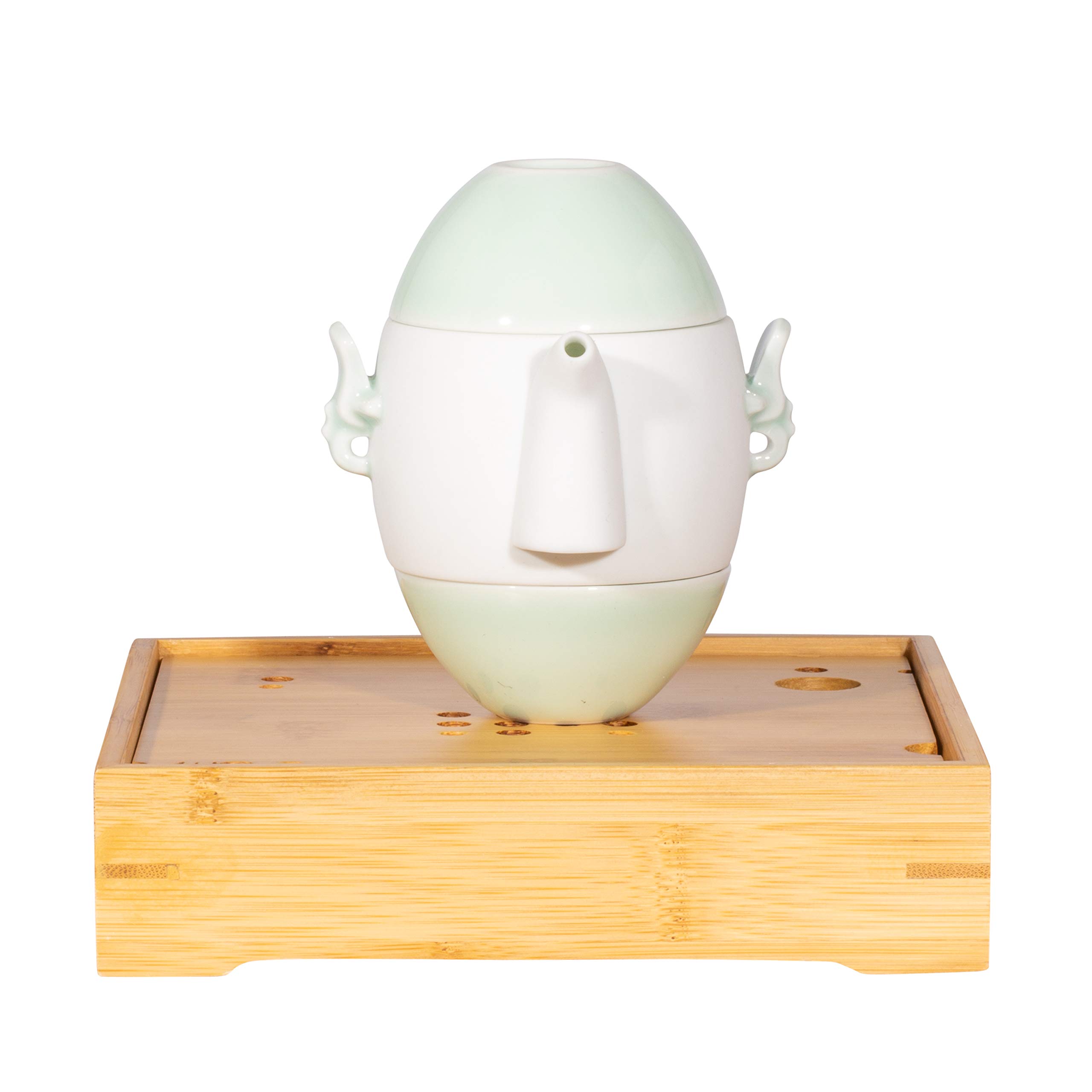 Aufora Atsu White and Green Ceramic Chinese Tea Cup with Tray - 4 Piece