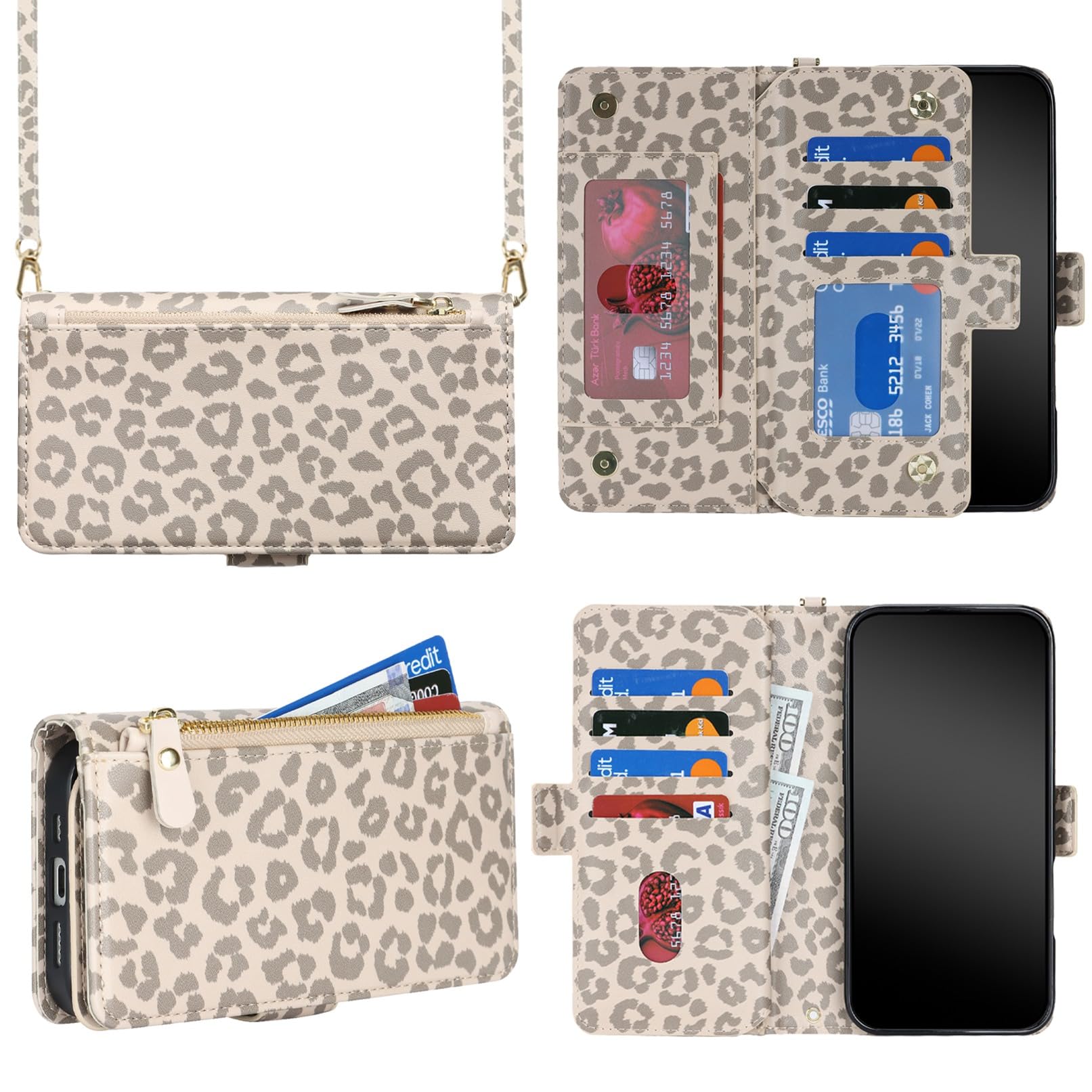 Jaorty for iPhone 14 Pro Max Phone Case Wallet with Crossbody Strap, Shoulder Necklace Lanyard,flip Cover PU Leather, for Women Men, Zipper Pocket, Kickstand, Card Holder, 6.7" Beige Leopard
