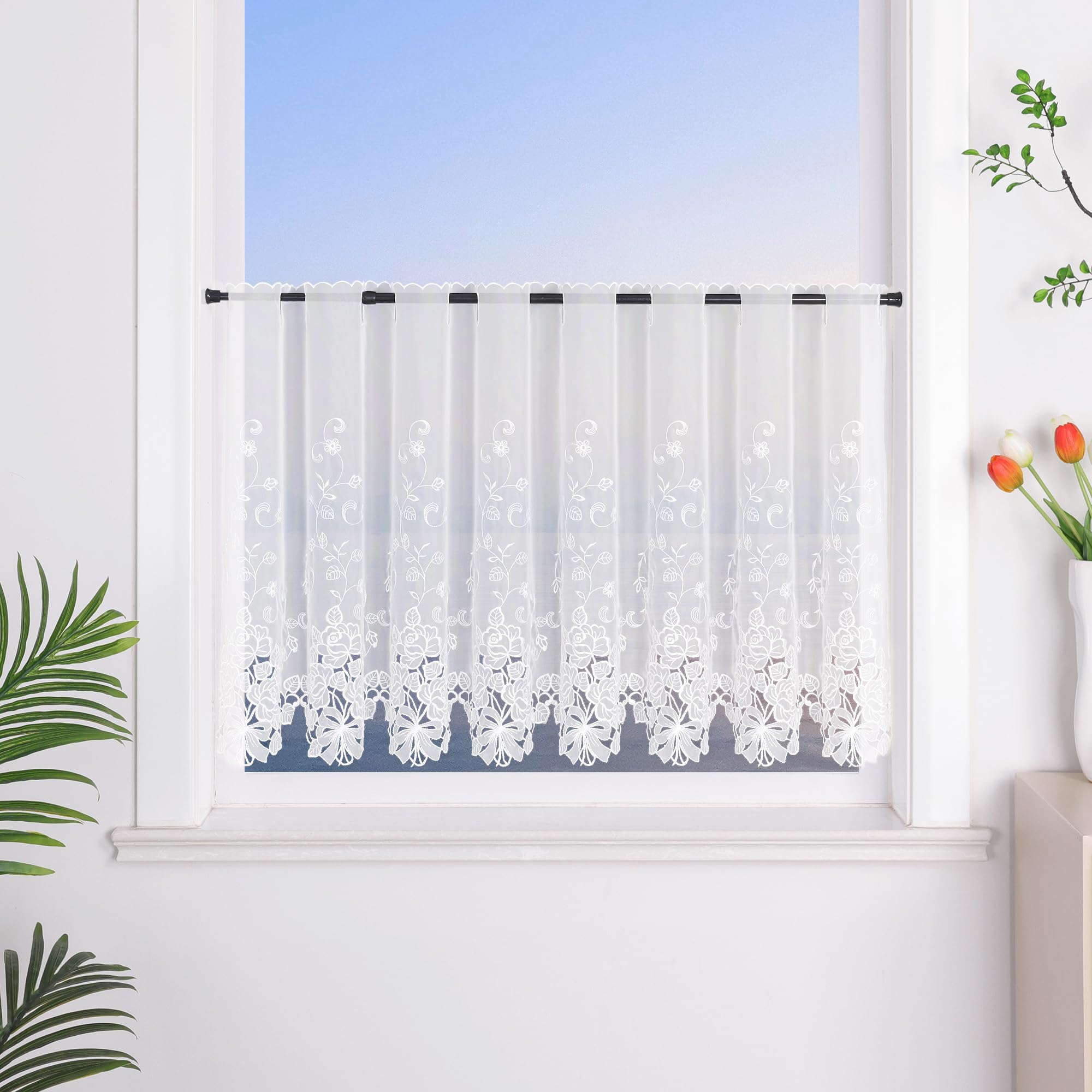 Heichkell Voile Short Curtain Hollow Embroidery Curtain Kitchen Door Corridor Curtain Cream 1 Piece Height x Width 60 x 150 cm