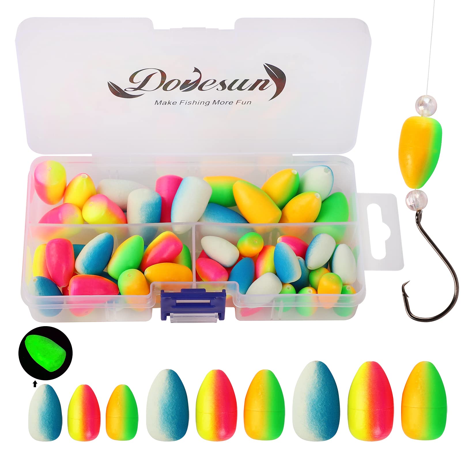 Dovesun Foam Floats Pompano Rigs Fishing Rig Floats Fly Fishing Floats Bright Color Bullet with Tackle Box 54PCS