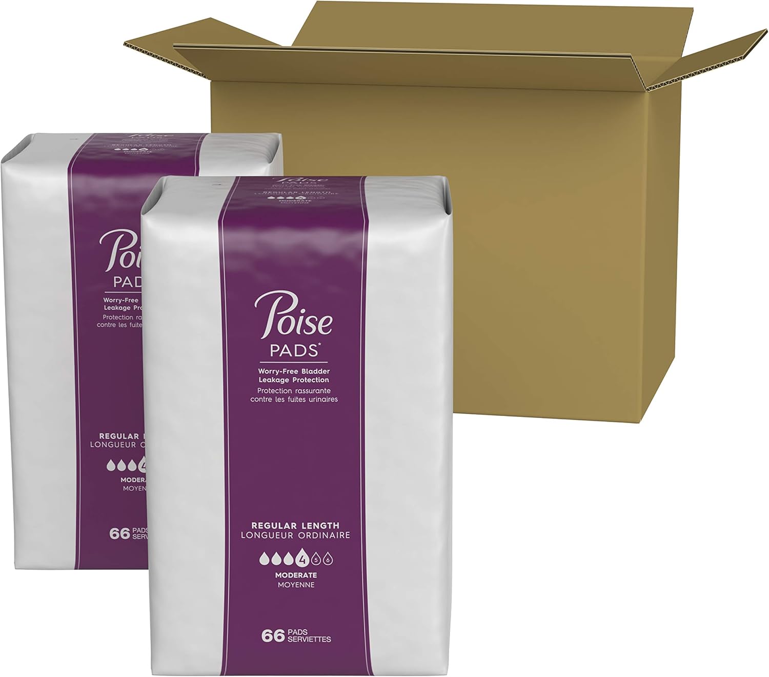 Poise Incontinence Pads, Moderate Absorbency, Regular Length, 132 Count (2 Packs of 66) (Packaging May Vary): Health & Personal Care