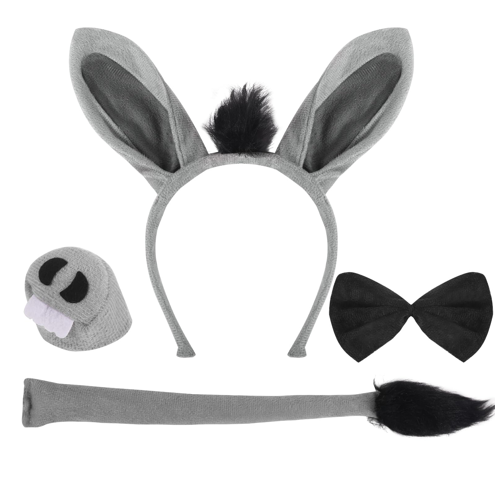 Photo 1 of 4-Piece Donkey Costume Set - Gray Donkey Costume Accessory Set with Ears, Nose, Tail, and Bow Tie for Halloween, Cosplay, Parties, Birthdays, Christmas