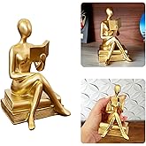 Estátua Decorativa Leitor Pensador em Resina Dourada Enfeite para Casa, Escritório, Mesa ou Estante (ESTATUA - MAO COLO)