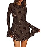 BTFBM Women Floral Wedding Guest Dress Spring 2026 Casual Long Sleeve Crew Neck Flowy Party Cocktail Mini Dresses