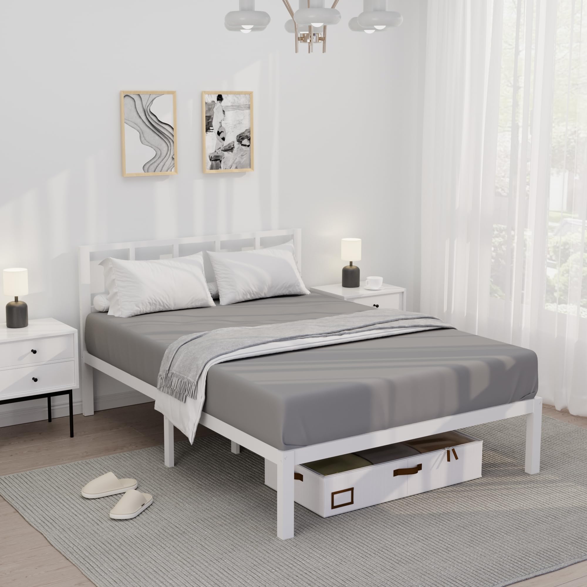 Photo 1 of ***MISSING HARDWARE - SOLD FOR PARTS - FINALE SALE***BambooSync 14 Inch Bamboo Bed Frame – Queen Bed Frmae Solid Wood Platform Bed Frame, Strong and Stable, with Non-Slip Slats for Support, No Box Spring Needed (White, Ful)