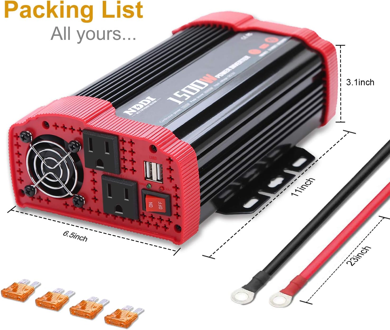 NDDI 1500W Car Power Inverter 12V DC to 110V AC Car Converter Charger Adapter with Dual 3.1A USB Port and AC Outlets Quick Charging: Automotive