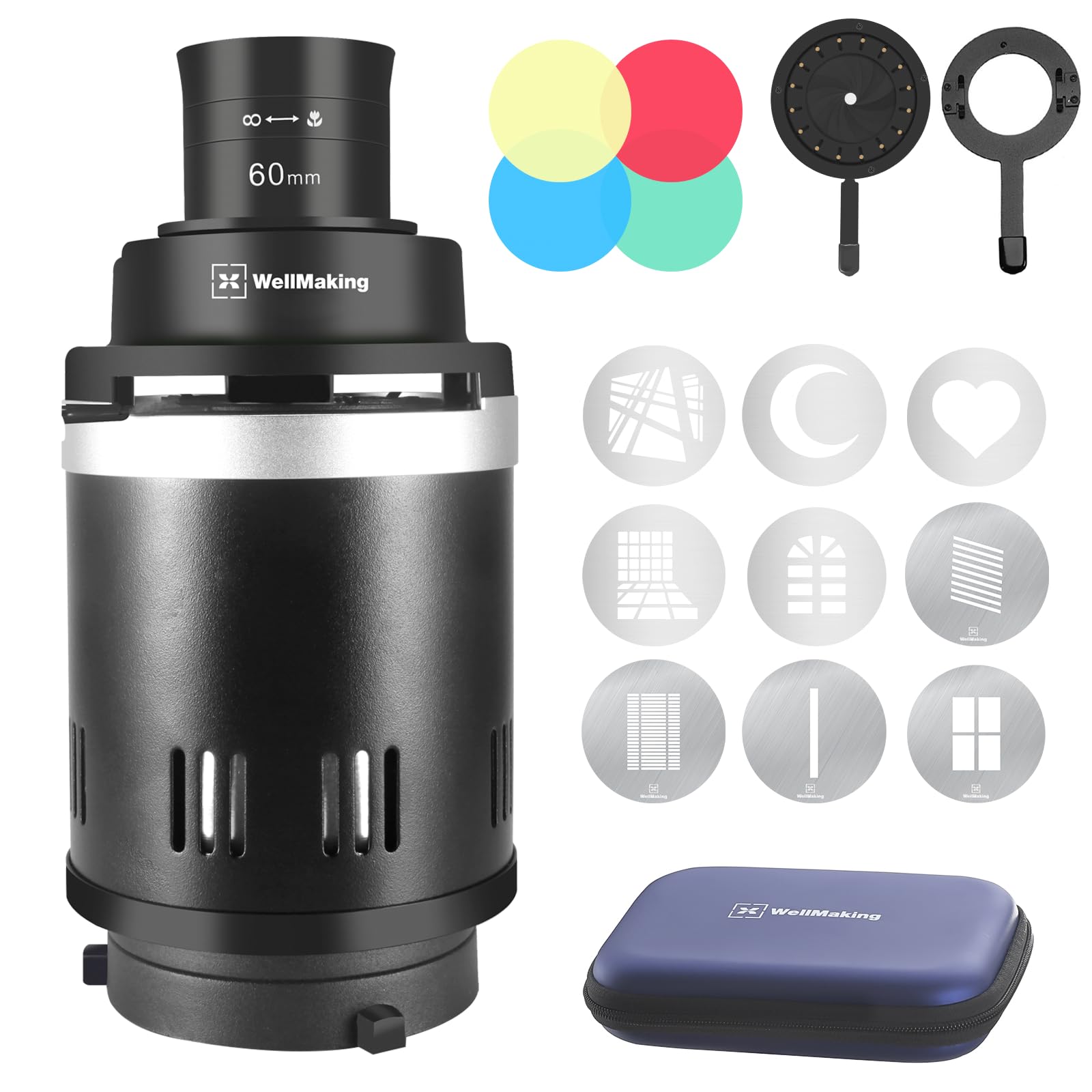 Photo 1 of WELLMAKING S-200L Bowens Mount Optical Snoot Conical, with 60mm Lens,GOBO Holder,Aperture Modifier,4Color Filters and 9Gobos for Monolight Photography LED Light and Strobe Light Photographic Equipment