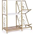 HYCFYJR Record Player Stand with Vinyl Record Storage, Turntable Stand with 2-Tier Vinyl Display Shelf & Metal Frame, Vinyl Holder for Living Room, Gold & White
