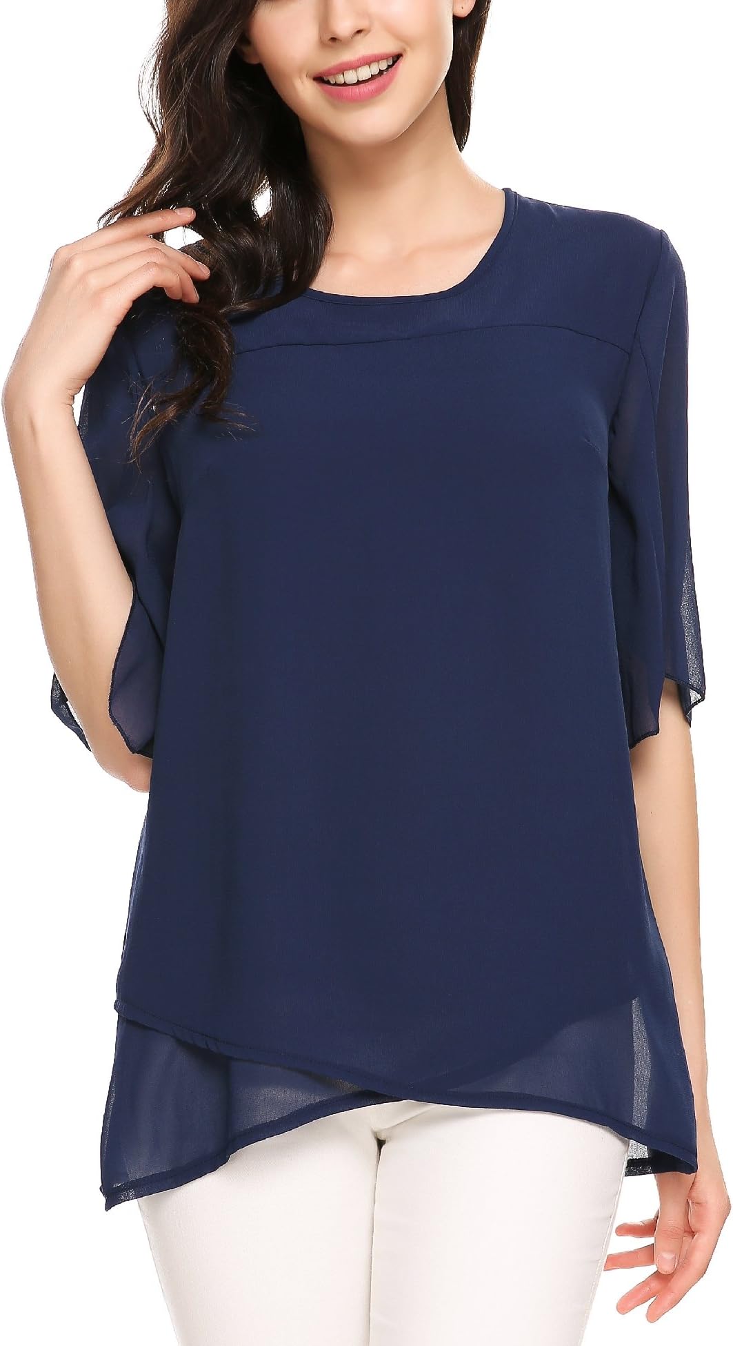 Meaneor Women's Loose Casual Ruffle Half Sleeve Chiffon Top T-Shirt Blouse