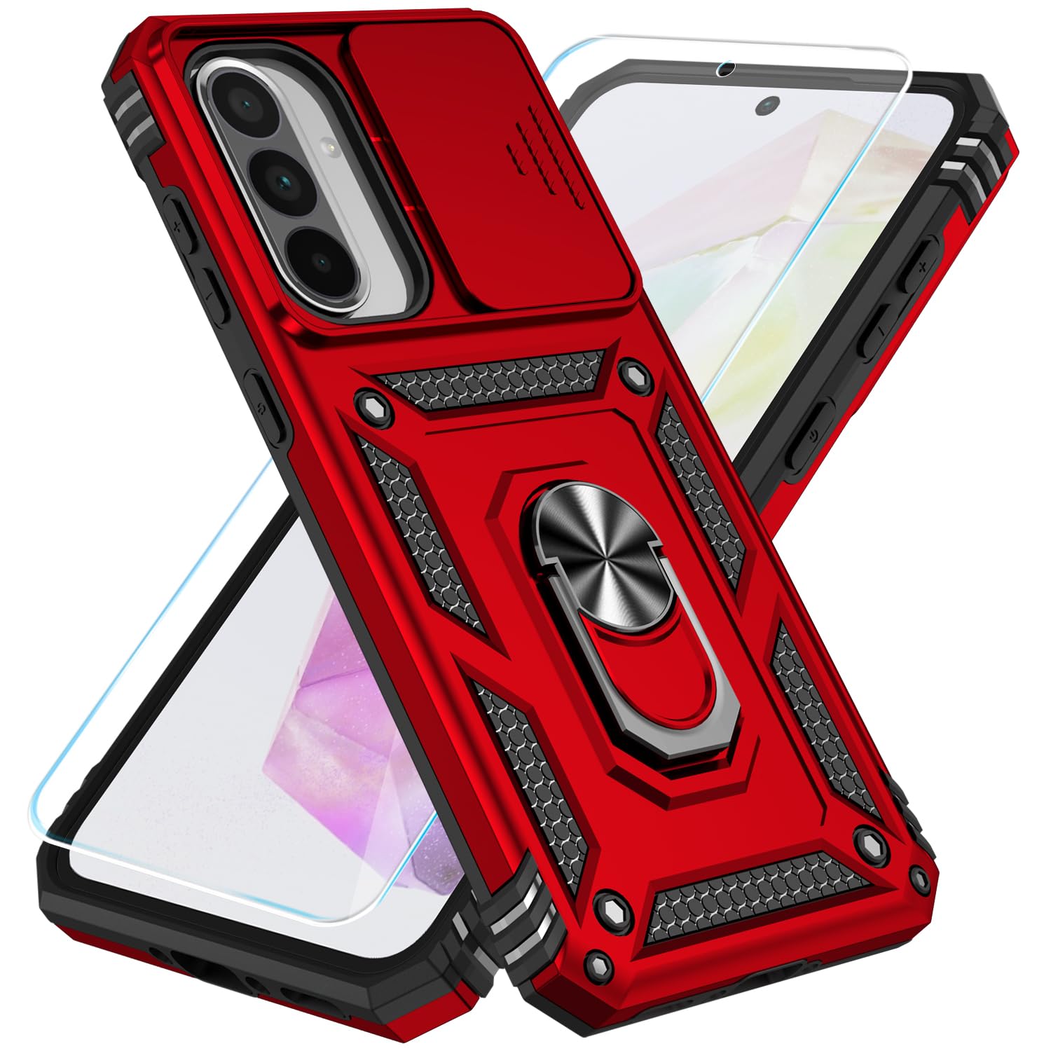 SunStory Compatible with Samsung Galaxy A36 5G Case, A56 5G Case with HD Screen Protector & Slide Camera Cover & Rotated Ring Kickstand, Dual Layers Phone Case for Galaxy A36/A56 (Red)