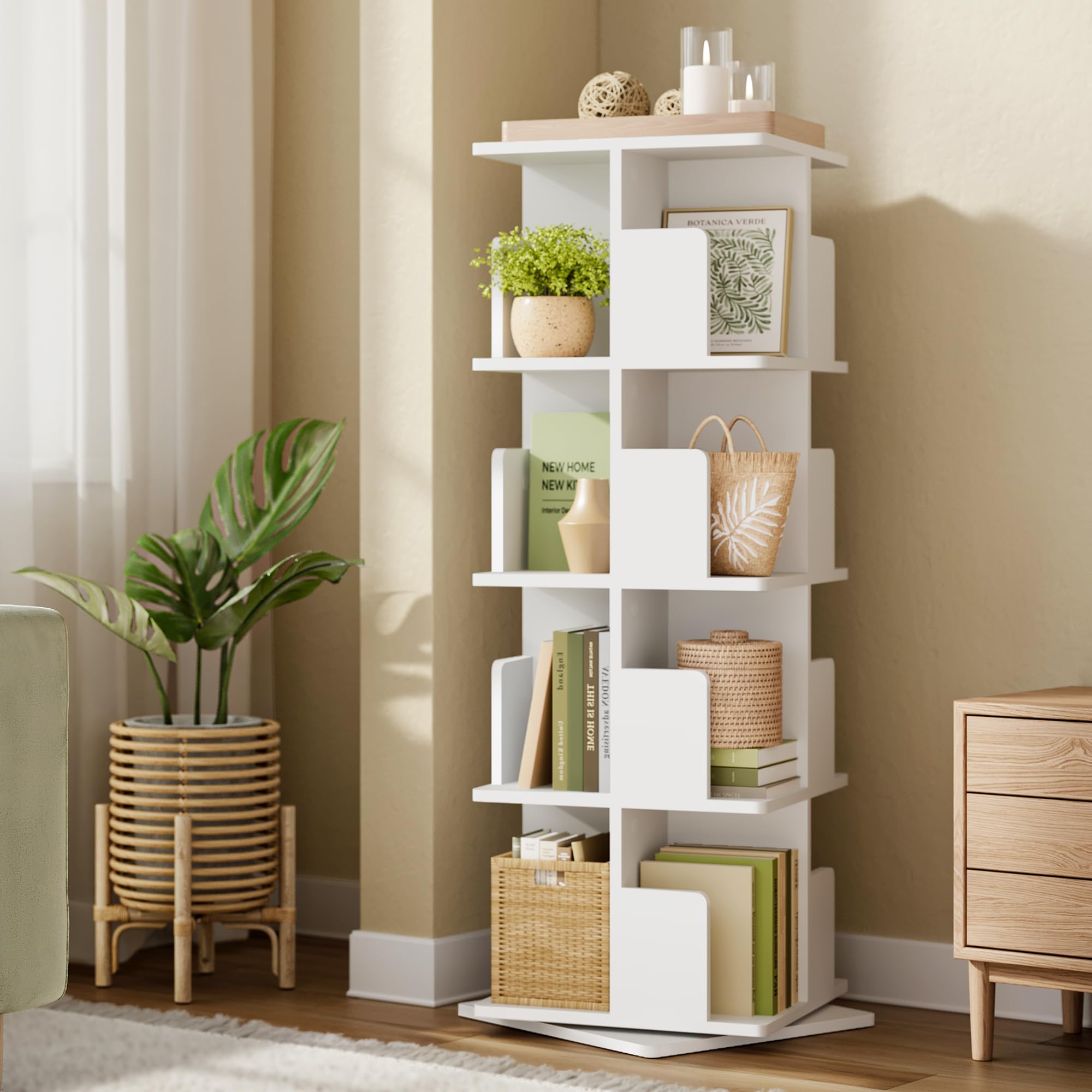 EUGAD Bücherregal drehbar mit 16 Fächer und 4 Ebenen, Weiß, 39,5x128x39,5cm 2