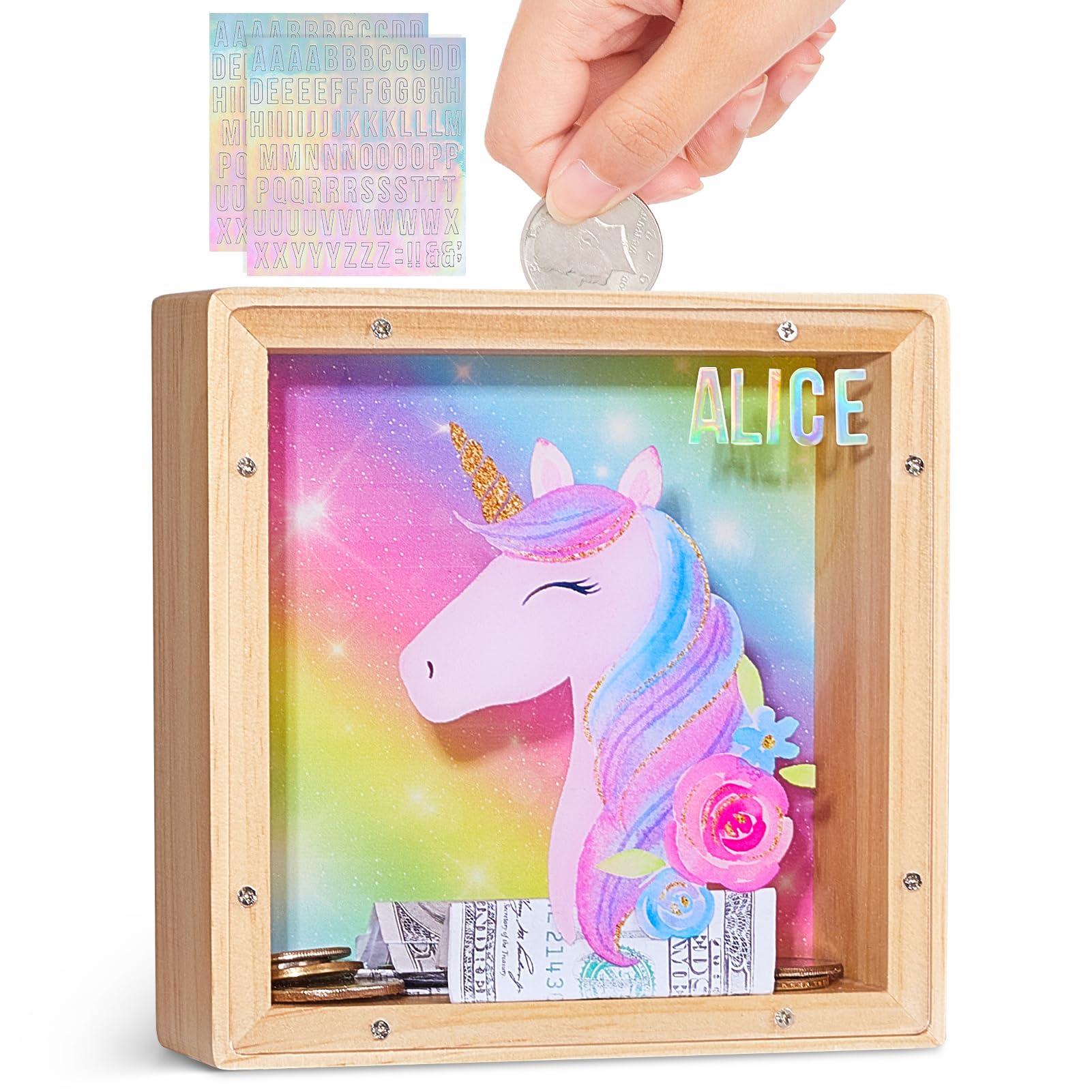 MHJY Money Box for Kids, Wooden Dinosaur Piggy Banks for Boys Girls Cartoon Money Jar Coin Bank with DIY Alphabet Stickers