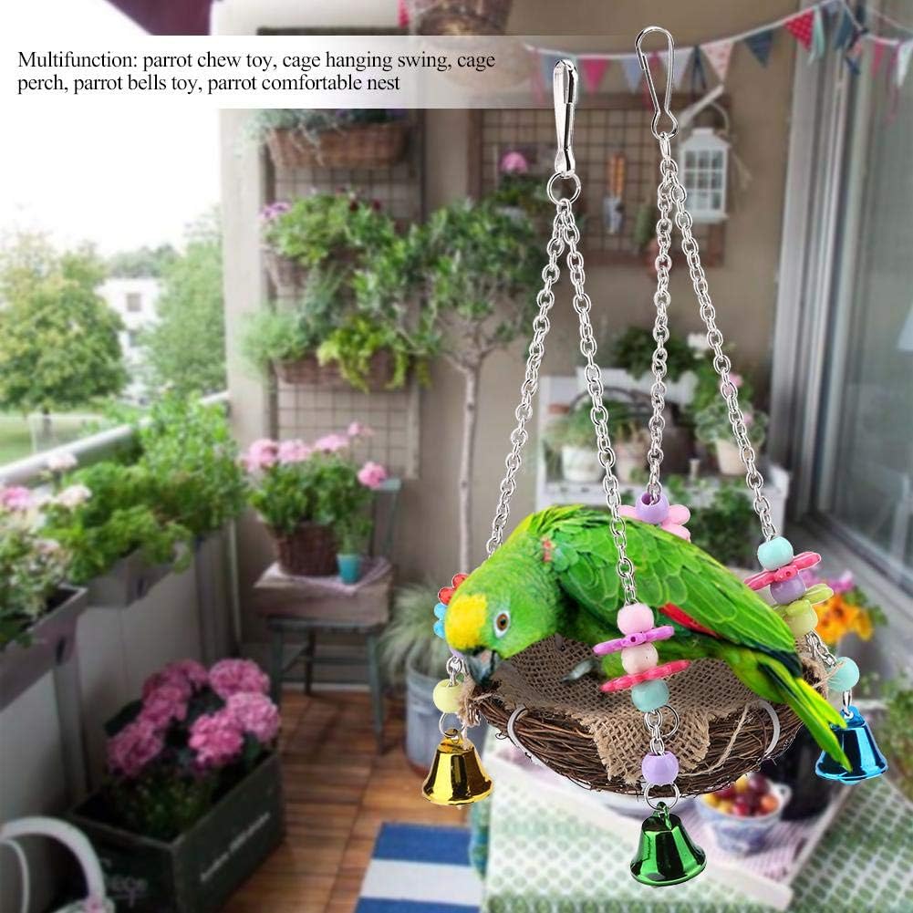 Rattan Birds Nest Swing Toys Parrot Climbing Chew Toys Colorful Birds Cages Perches Hanging Parrots Straw Toys with Bells S for Pet Birds Parrot Cage Accessories - Image 4