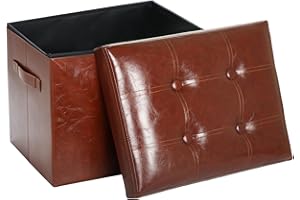 FaiPue Storage Ottoman Footrest Stool with Thicker Foam Padded Seat. Small Ottoman with Storage Bench. Foldable Oil Waxed Leather Footstool for Living Room Coffee Table 350 lbs, 17x13x13in, Brown.