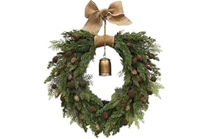 Norfolk Pine Wreath, Real Touch Norfolk Pine Wreath with Bell, Artificial Green Garland, Greenery Realistic Wreaths Holiday F