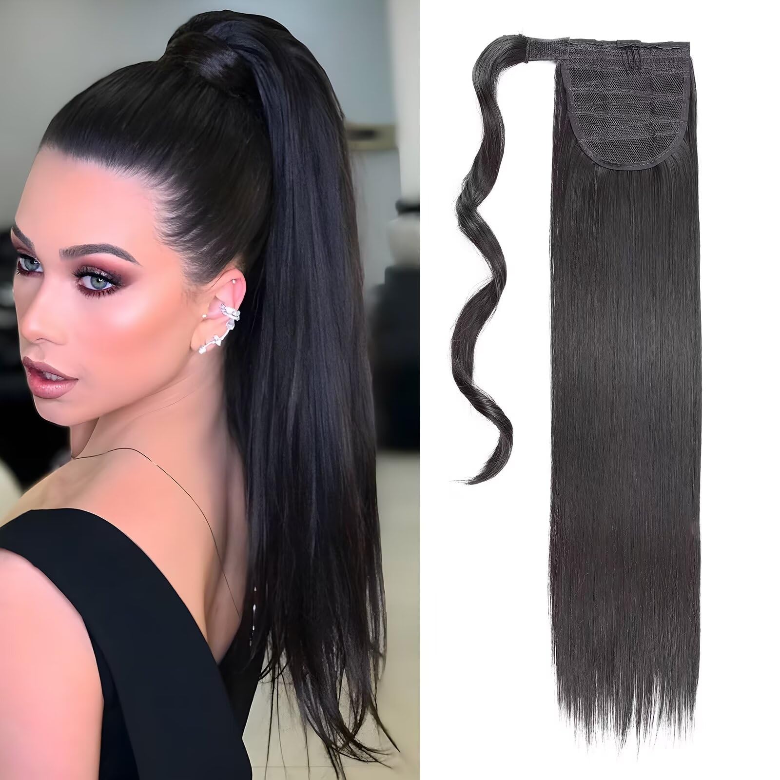 Silk-co Straight Pony Tail Hairpiece Clip in Hair Extensions 23inch Wrap Around Ponytail Long for Women (Natural Black)