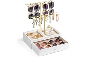 Emfogo Sunglass Organizer, 2-Tier Sunglasses Display Rack for 20 Pairs of Eyewear, Jewelry Holder Stand with Wood Drawer Storage for Glasses, Earrings, Bracelets, Rings & Watches (Gold+White)