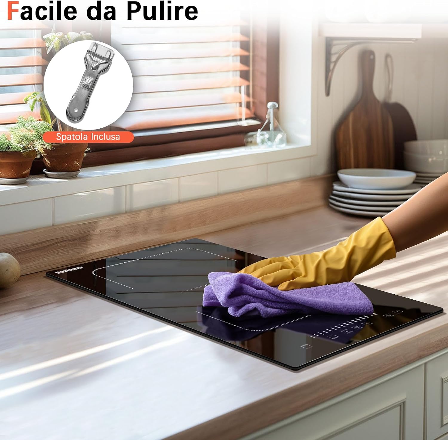 Image showing the easy-to-clean tempered glass surface of the Karinear induction hob, with a scraper tool highlighted.