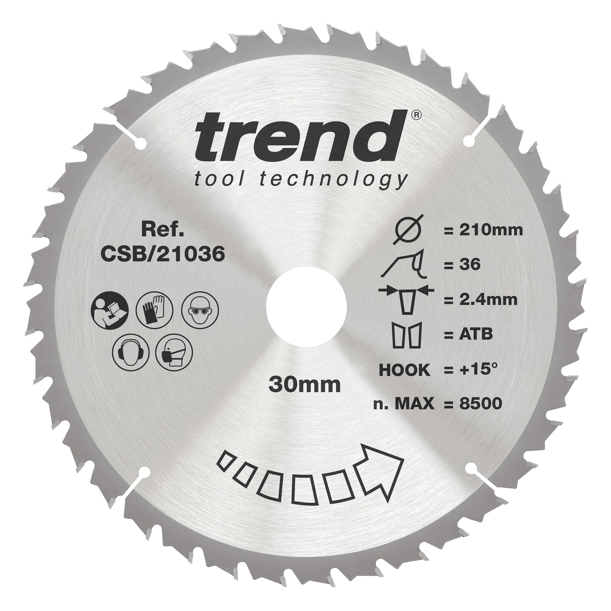 Trend Wood Circular Saw Blade, 210mm Diameter, 30mm Bore, 36 Teeth, 2.4mm Kerf, +15° Hook, TCT, Medium Finish, CSB/21036 — image 1