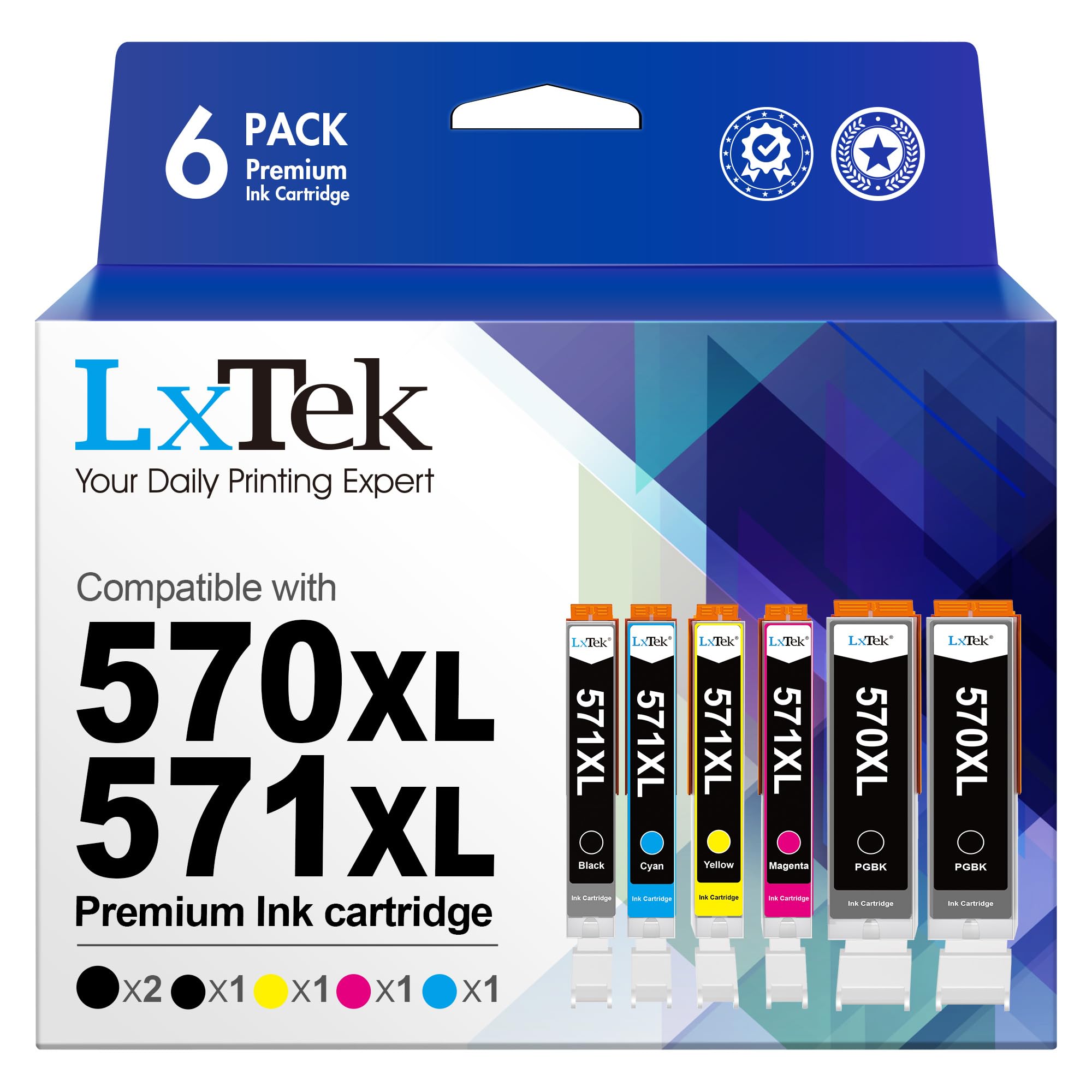 LxTek 570XL 571XL Ink Cartridge Compatible for Canon PGI-570 CLI-571 for Canon PIXMA TS5050 MG5750 TS5051 MG6850 MG5700 MG5751 TS6050 TS50532 (2PGBK 1Black 1Cyan 1Magenta 1Yellow,6-Pack)