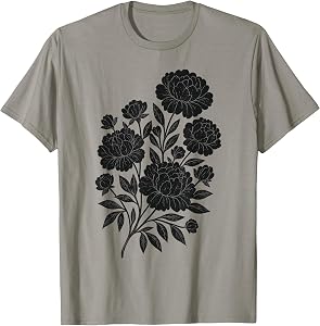 Vintage Linocut Flower Retro Block Print Style Peonies Boho T-Shirt