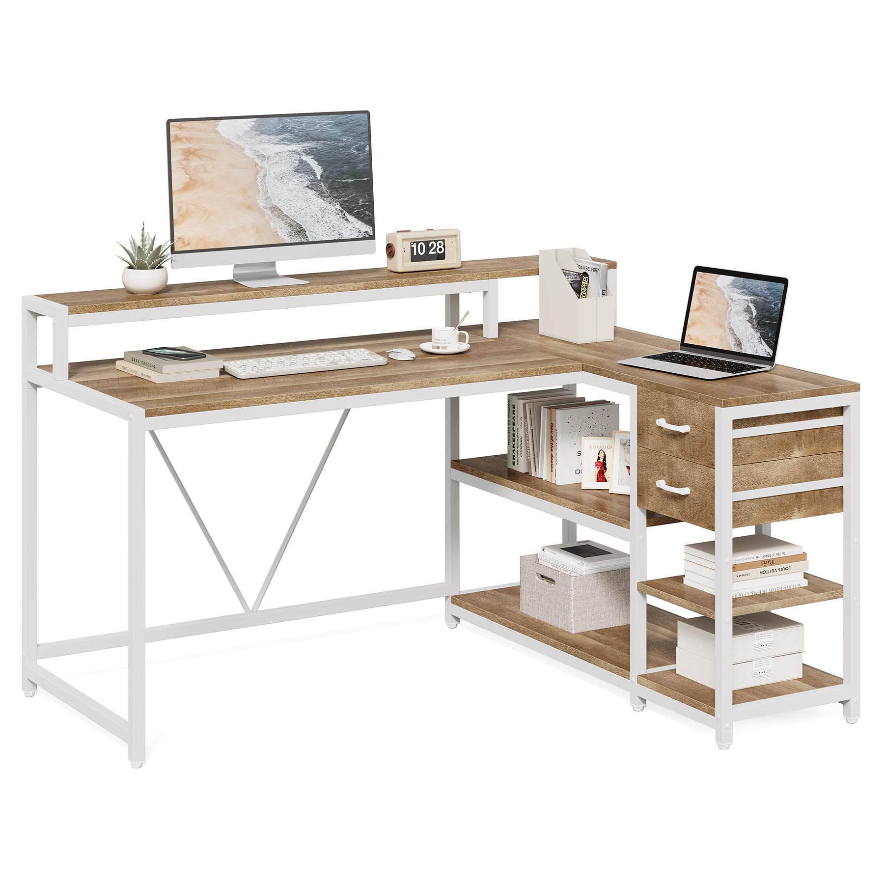 Photo 1 of LITTLE TREE 55-Inch L-Shaped Computer Desk, Reversible Computer Desk with Drawers and Storage Shelves, Corner Desk Gaming Desk Work Desk for Home Office, Walnut