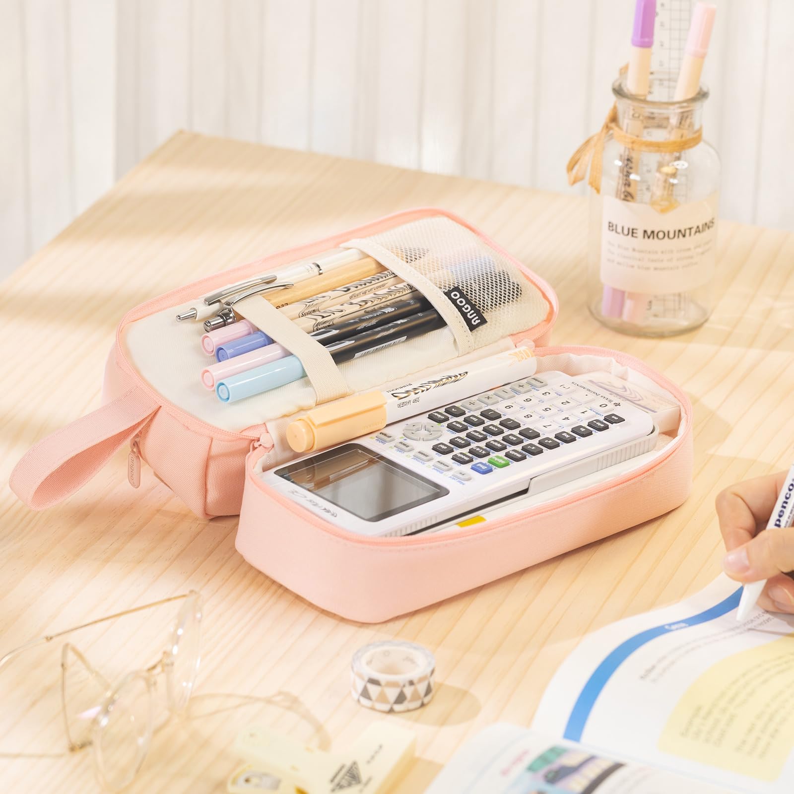 ANGOOBABY Big Capacity Large Pencil Case Canvas Pen Pouch Bag with 2 Compartments for Girls Boys Teen School Students Adults - Pink