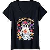 Womens Espooky Vibes Día de Los Muertos Ghost Floral Sugar Skull V-Neck T-Shirt