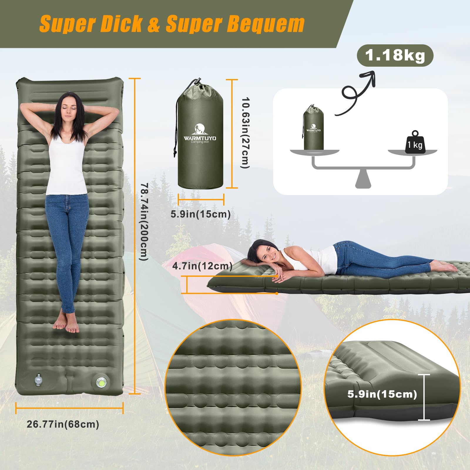 WARMTUYO Elektrisch Isomatte Camping, 12CM Verdicktes Aufblasbare Matratze mit Kissen, Wasserdicht Anti-Ripstop Luftmatratze Outdoor Schlafmatte für Wandern, Outdoor, Zelt 5