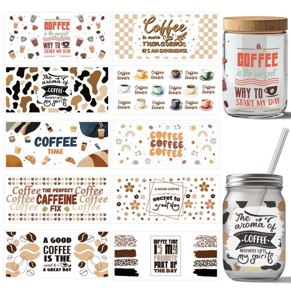 arricraft 10 Sheets UV DTF Cup Wrap, 10 Styles Coffee Theme Desserts Coffee Lover Rub on Transfers PVC Transfer Stickers Waterproof Rub Decals for DIY 16OZ Glass Cups Furniture Wood