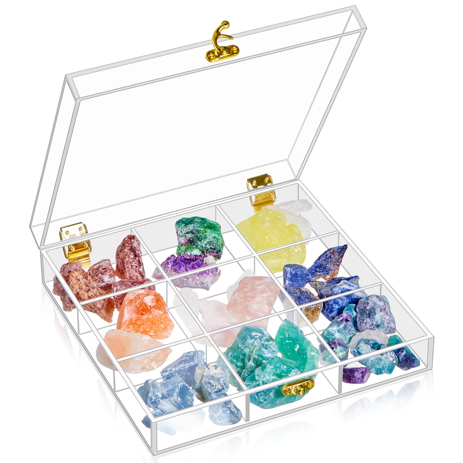 Photo 1 of Geelin 8" x 8" Acrylic Rock Display Case Adjustable Seashell Holder 9 Compartments Crystal Collection Box for Adults Witchy Stones Organizer Storage for Seashell Collectibles Wiccan Gift