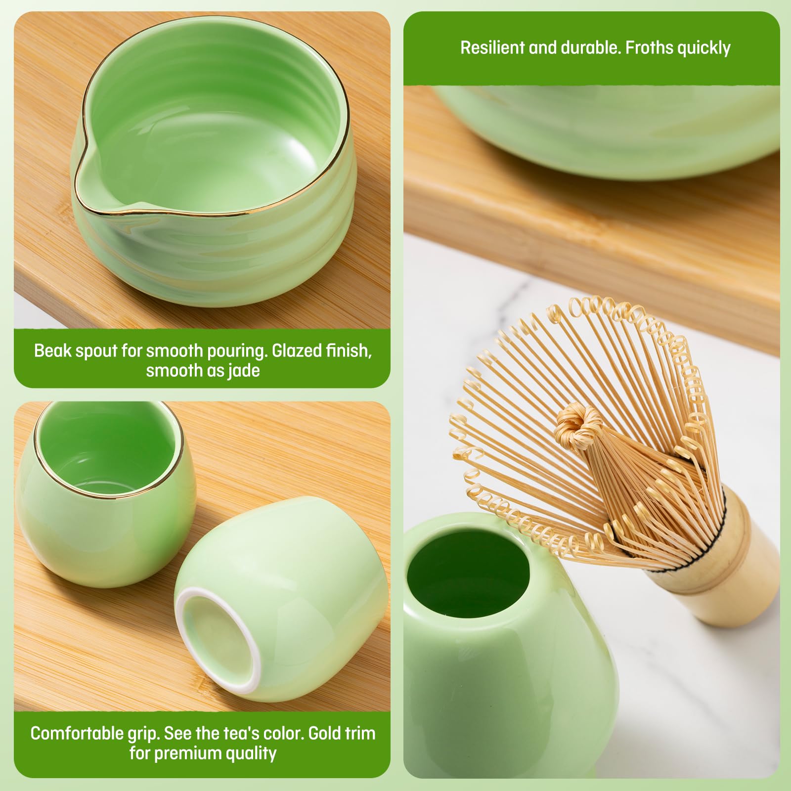 Matcha set - 9 Stück Japanisches Tee-set Inkl Chawan mit Ausgießer, 2 tazze, Schaufel, Halter, Sieb, Matchabesen das perfekte Geschenk für Japanische Teezeremonie-Liebhaber,Green