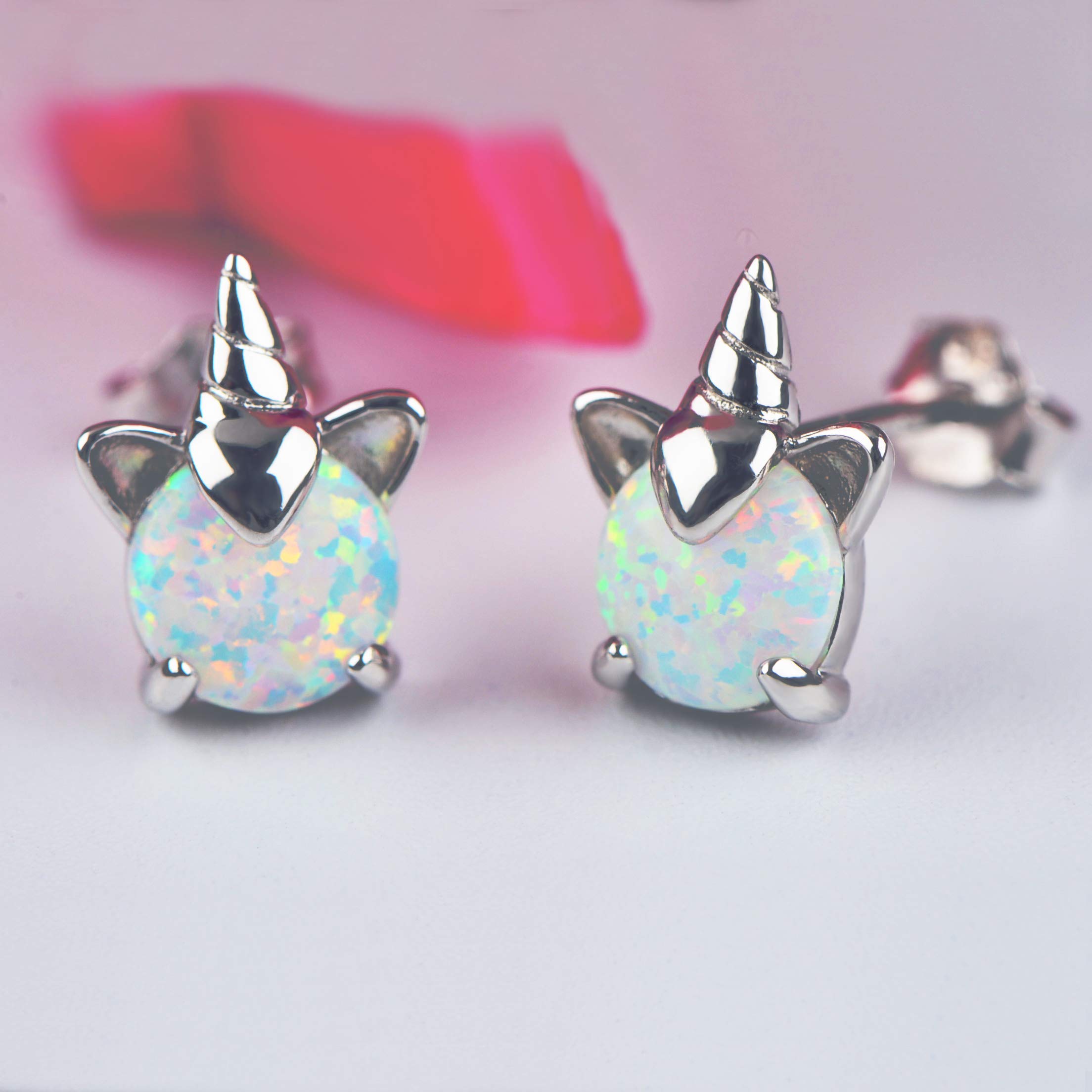 Unicorn Earrings for Girls, Hypoallergenic Fire Opal Stud Earrings ARSKRO S925 Sterling Silver with Gold Mini Tiny Cute Earring Jewelry Gifts for Kids Women