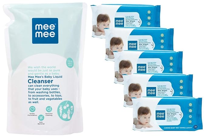 Mee Mee Anti-Bacterial Baby Liquid Cleanser (1.2L) & Caring Baby Wet Wipes, Lemon Fragrance, 72 Pieces (Pack of 5) Combo