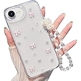 MINSCOSE for iPhone 16e Clear Glitter Case, Cute Bow Pearl Aesthetic Girly Transparent Phone Case with Phone Charms Chain Bracelet,Soft Protective Cover for iPhone 16e-Pink