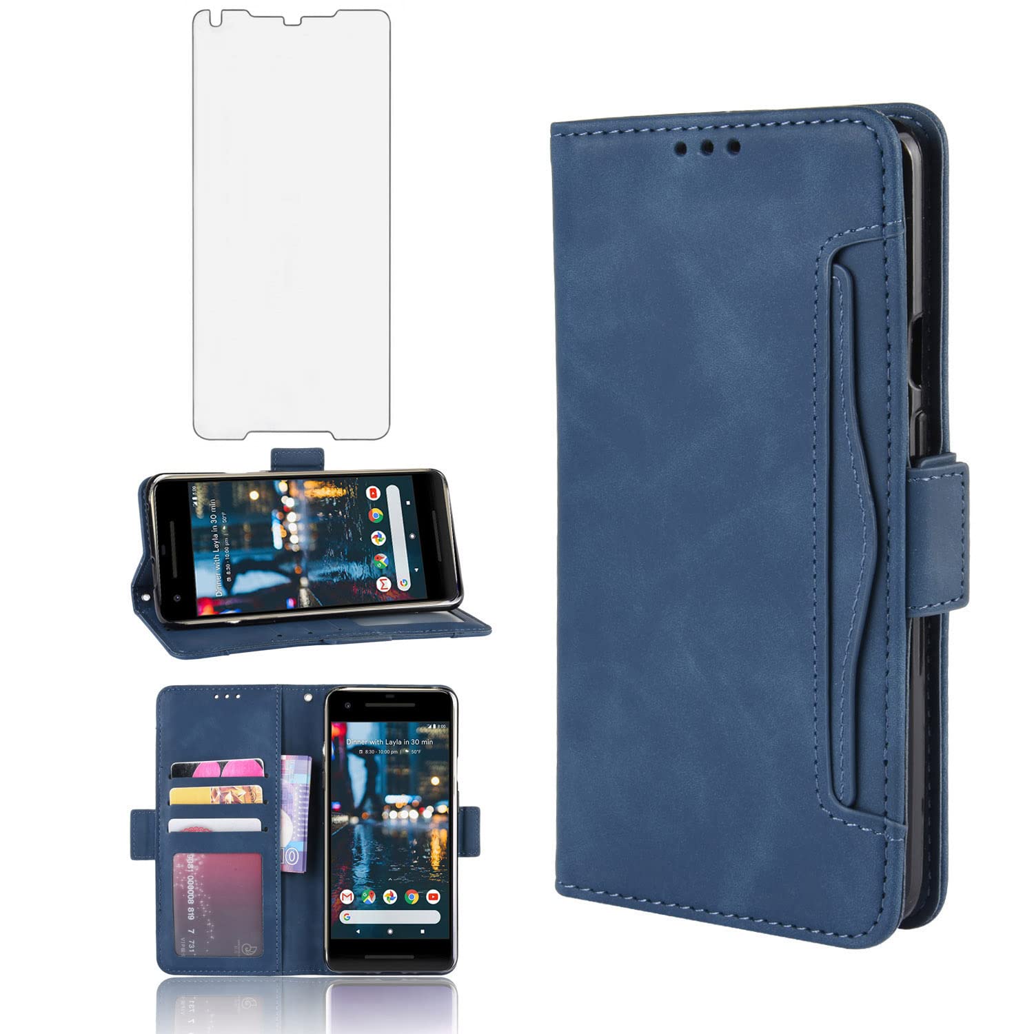 Phone Case for Google Pixel 2 Wallet With Tempered Glass Screen Protector Card Holder Slot ID Credit Stand Kickstand Leather Magnetic Purse Flip Cell Accessories Pixel2 Pixle Two G011A Women Men Blue