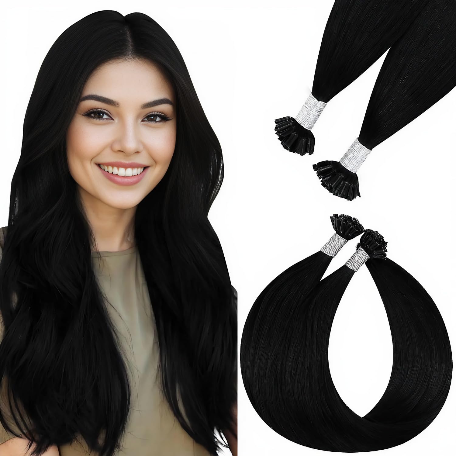 Easyouth U Tip Hair Extensions Real Human Hair Black Utip Hair Extensions Human Hair Jet Black Human Hair Extensions U Tip Hair Pre Bonded Human Hair 24 Inch 50g/50s — image 1
