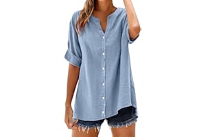 Summer Tops for Women Trendy 2026 Short Sleeve Cotton Linen Shirts V Neck Button Down Casual Plus Size Tunic Tops Blouses