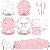 98pcs Pink Bow Party Supplies Bow Birthday Party Plates and Napkin Tablecloth Pink Bows Decoration for Girl Bachelorette Bridal Engagement Baby Shower Coquette Cute Tableware Table Cover Serve 24