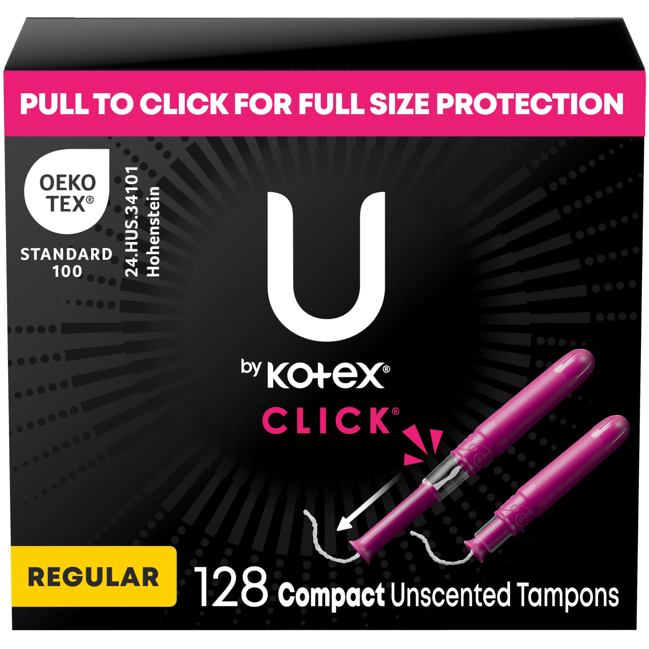 Photo 1 of U by Kotex Click Compact Tampons, Regular Absorbency, Unscented, 128 Count (8 Packs of 16) (Packaging May Vary)