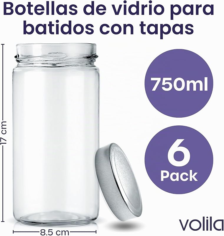Tarros de Cristal con Tapa - Pack de 6 Botellas de 750 ml para Batidos con Tapa de Metal, Cepillo de Limpieza, Etiquetas y Bolígrafo - Tarro de Vidrio a Prueba de Fugas para Batidos — foto 2 de 7